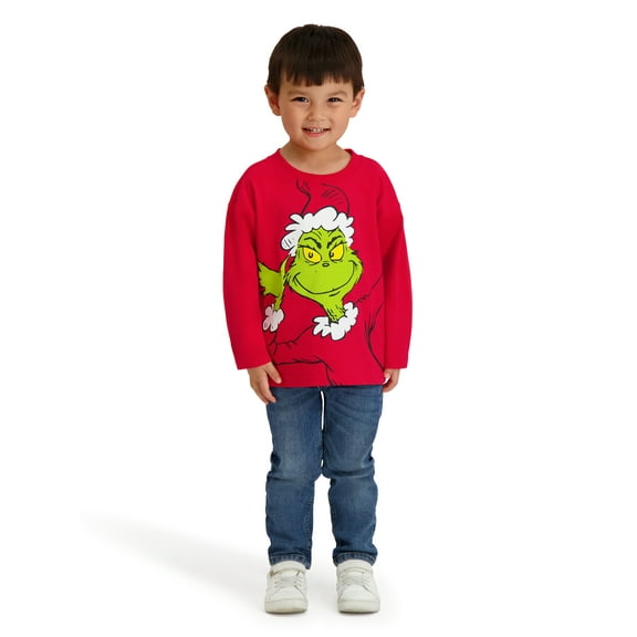 Dr. Seuss The Grinch Toddler Unisex Long Sleeve Red Tee Shirt, Sizes 12M-5T