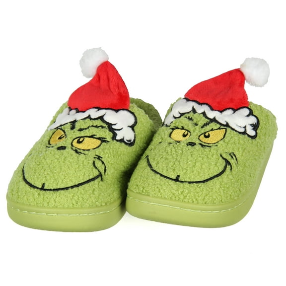 Dr Seuss The Grinch Who Stole Christmas Embroidered 3D Santa Hat Festive Holiday Boy's Rubber Bottom House Slipper OSFM