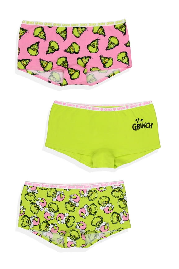 Dr Seuss The Grinch Women's 3-Pack Allover Character Designs Underwear Panties Pink Santa Boyshorts
