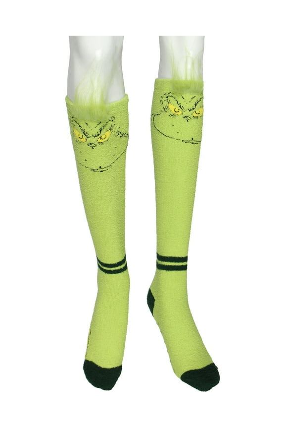 Dr Seuss The Grinch Women's Christmas Plush Grinch Face Knee-High Gripper Slipper Sock