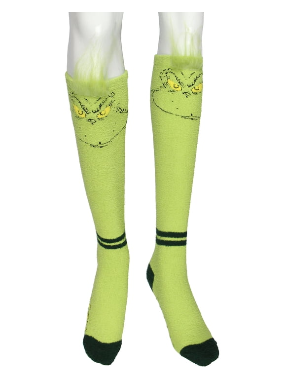Dr Seuss The Grinch Women's Christmas Plush Grinch Face Knee-High Gripper Slipper Sock