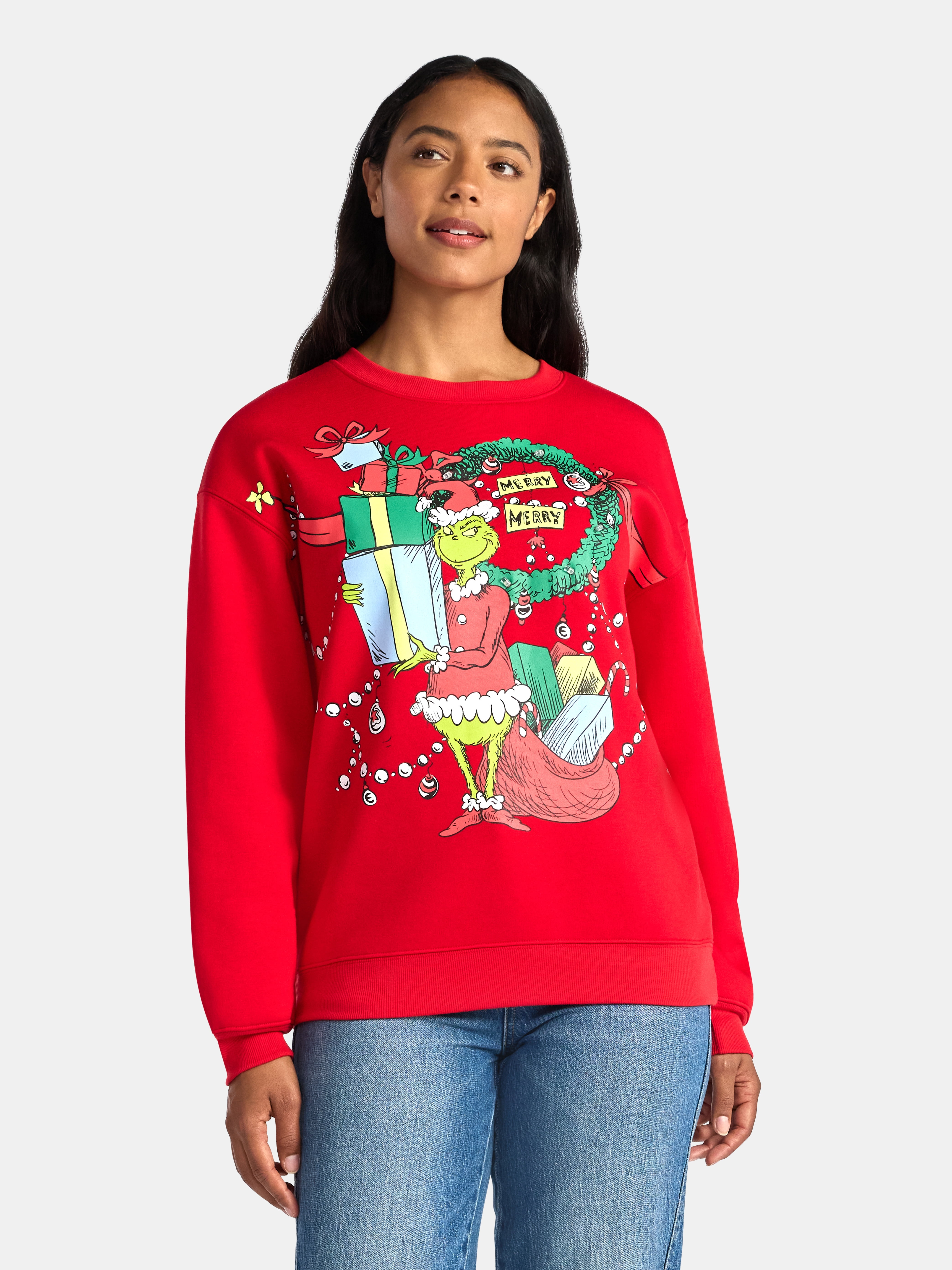 Dr Seuss The Grinch Women's Light Up Front Back Graphic Sweatshirt with Long Sleeves, Sizes XXS-XXL