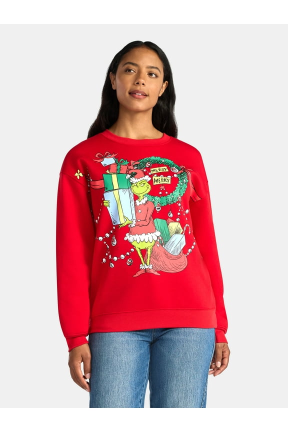 Dr Seuss The Grinch Women's Light Up Front Back Graphic Sweatshirt with Long Sleeves, Sizes XXS-XXL