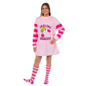 Dr. Seuss The Grinch Women's Pajama Feeling Grinchy Pullover Fleece Sleepshirt With Knee High Socks Set