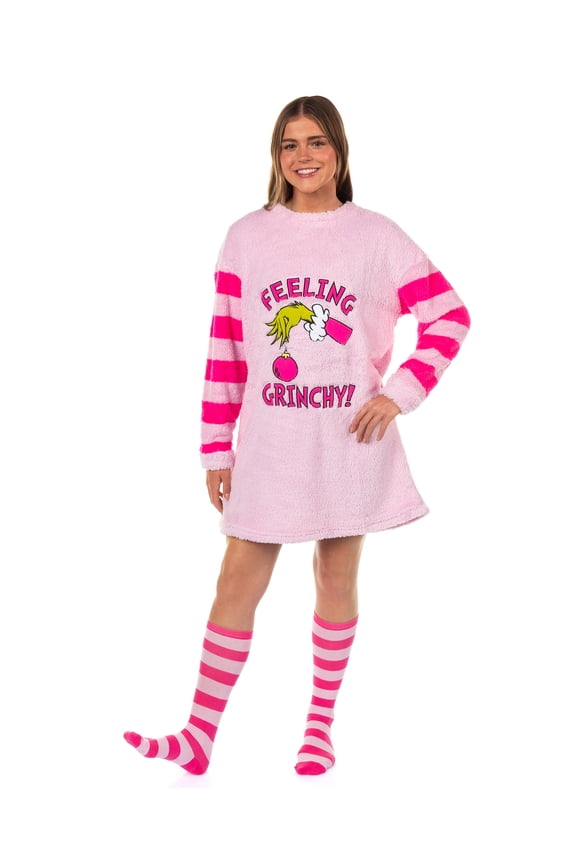 Dr. Seuss The Grinch Women's Pajama Feeling Grinchy Pullover Fleece Sleepshirt With Knee High Socks Set