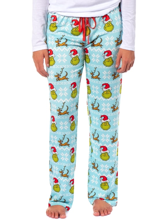 Dr. Seuss The Grinch Women's Ugly Sweater Grinch and Max AOP Design Adult Lounge Sleep Pants with Elastic Waistband