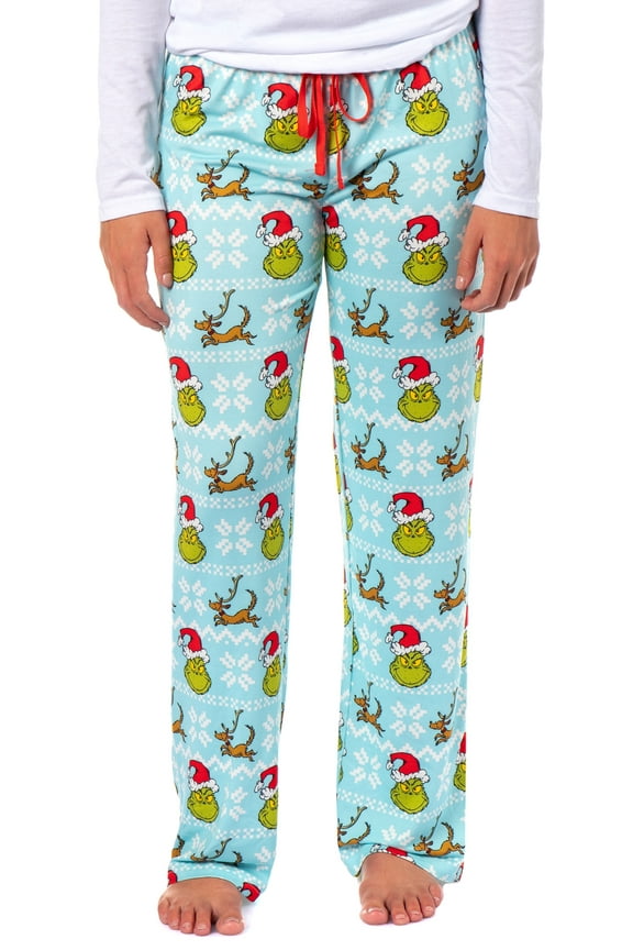 Dr. Seuss The Grinch Women's Ugly Sweater Grinch and Max AOP Design Adult Lounge Sleep Pants with Elastic Waistband