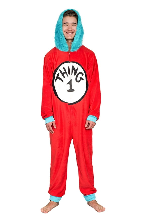 Thing 1-6 Women's Plus Footed Sleepers Interchangeable Velcro Fur Union Suit, Red