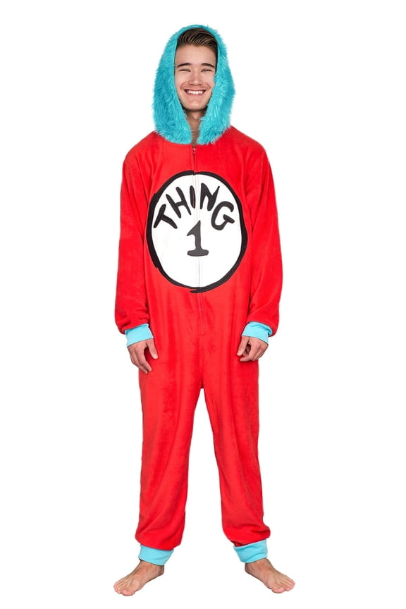 Thing 1-6 Women's Plus Footed Sleepers Interchangeable Velcro Fur Union Suit, Red