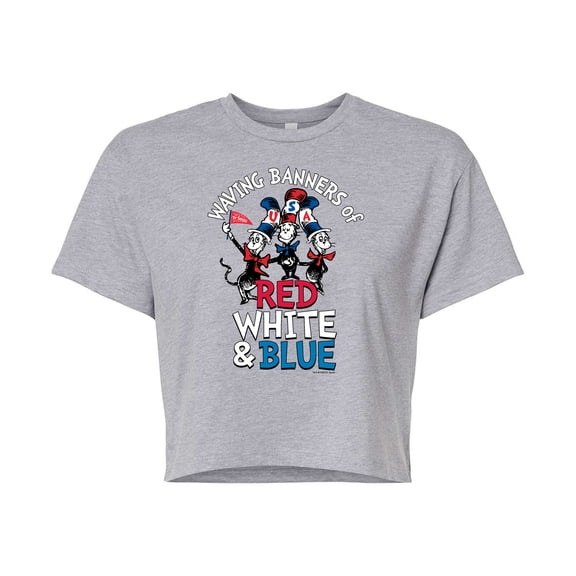 Dr. Seuss - Cat in the Hat Waving Banners Red White Blue - Juniors Cropped Cotton Blend T-Shirt