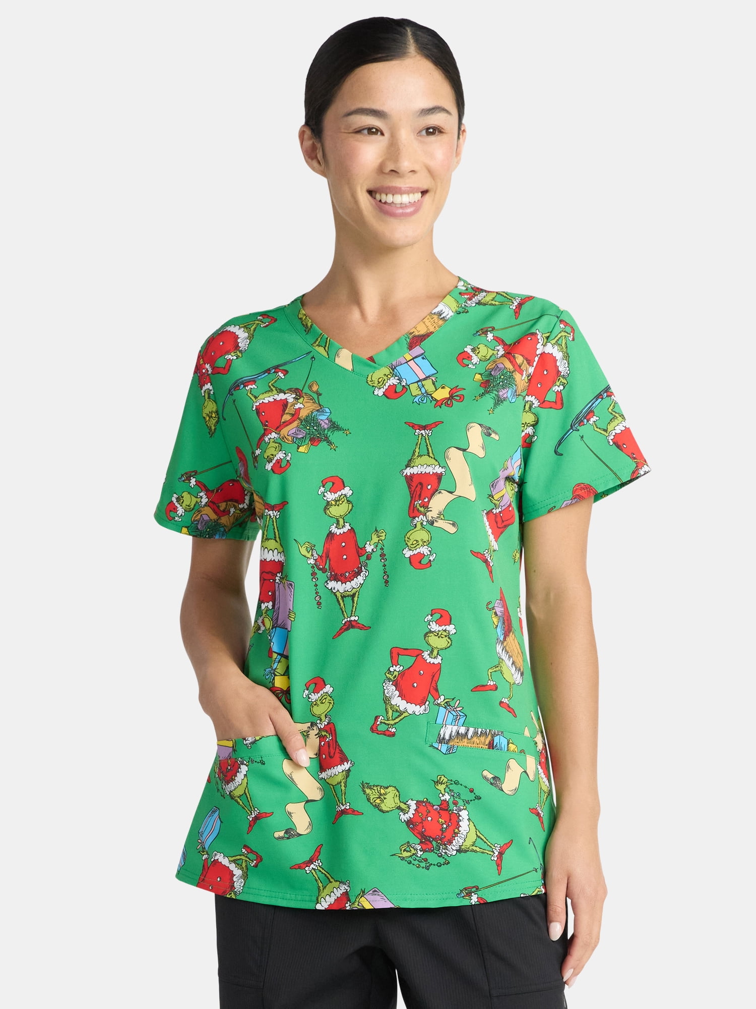 Dr. Seuss Women's Holiday Scrub Top with Short Sleeves, Sizes S-3XL