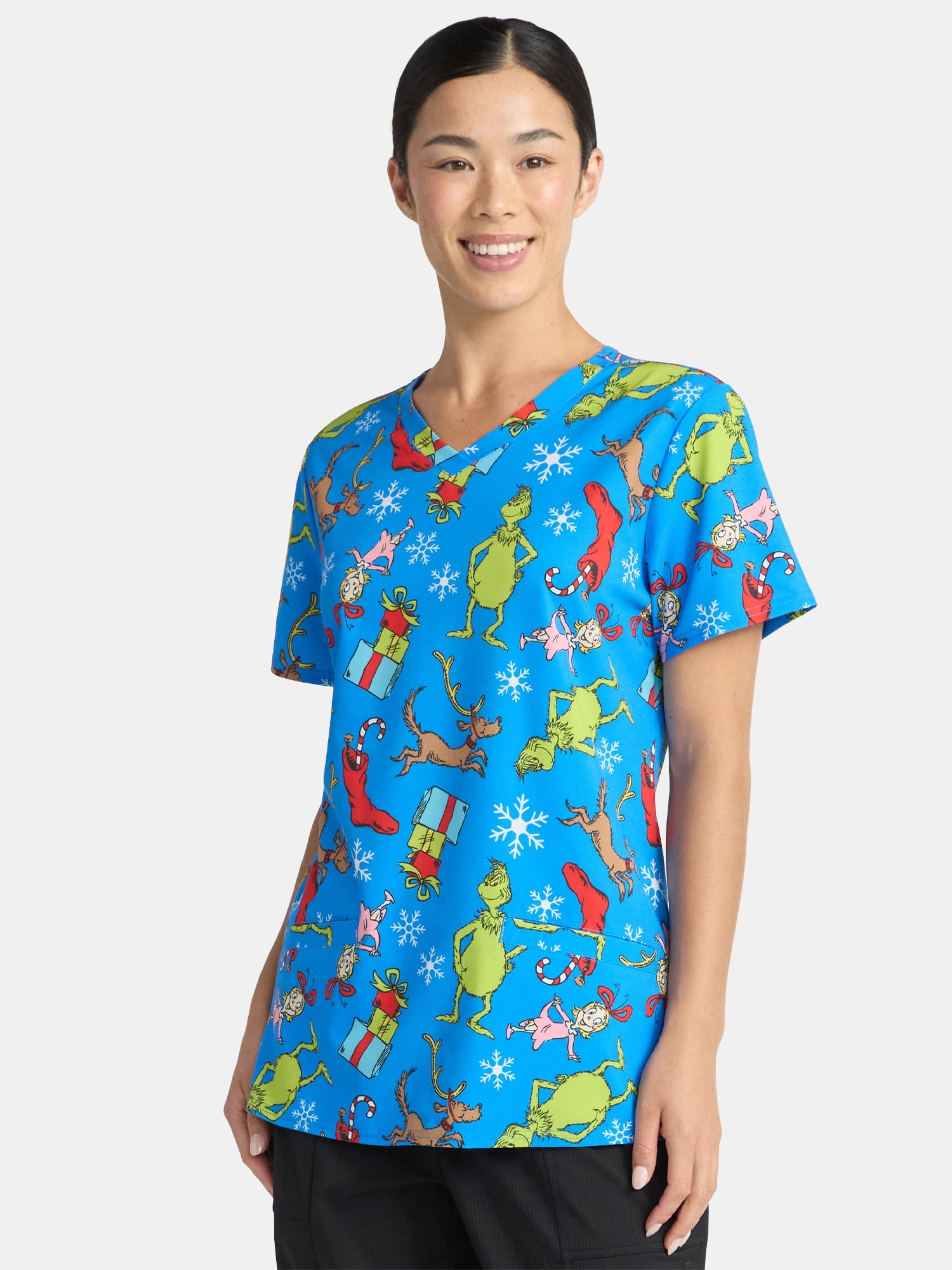 Dr. Seuss Women's Holiday Scrub Top with Short Sleeves, Sizes S-3XL