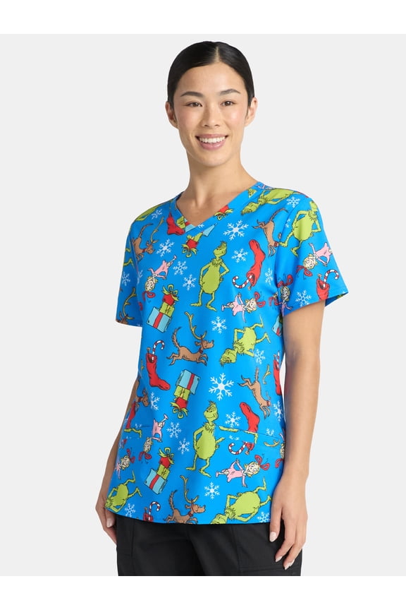 Women's Holiday Scrub Top with Short Sleeves, Sizes S-3XL