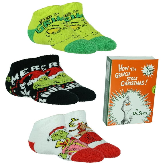 Dr. Seuss Women's How The Grinch Stole Christmas 3 Pair No-Show Socks in Collectible Book Box (OSFM)