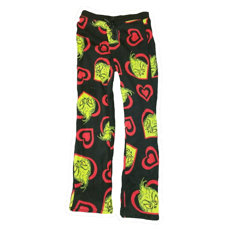 Dr. Seuss Women's Junior Fit Grinch Hearts Plush Fleece Lounge Pajama Sleep  Bottom Pants PJ's, Black, Size: Medium 