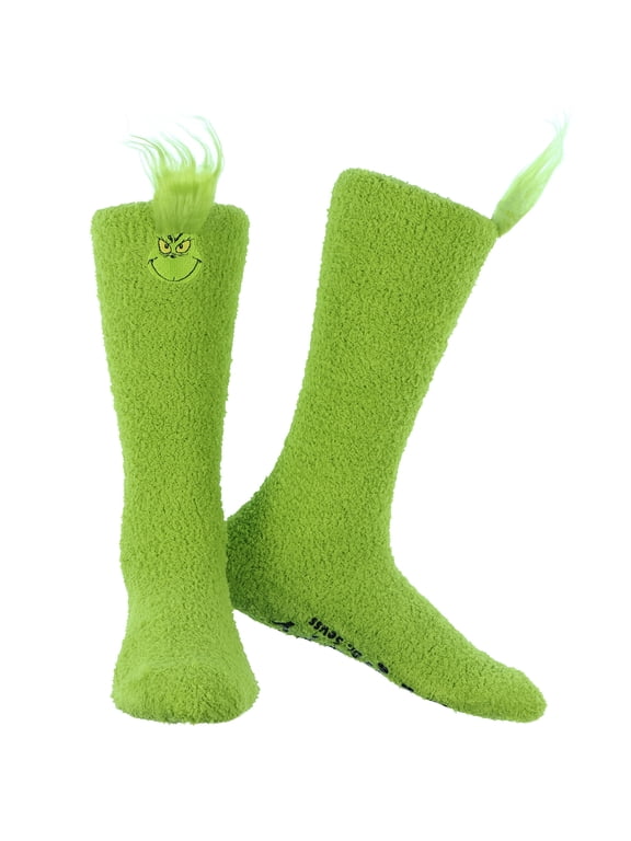 Dr. Seuss Women's The Grinch Always Naughty Cozy Fuzzy Anti-Slip Grip Knee-High Slipper Socks 1 Pair (OSFM)