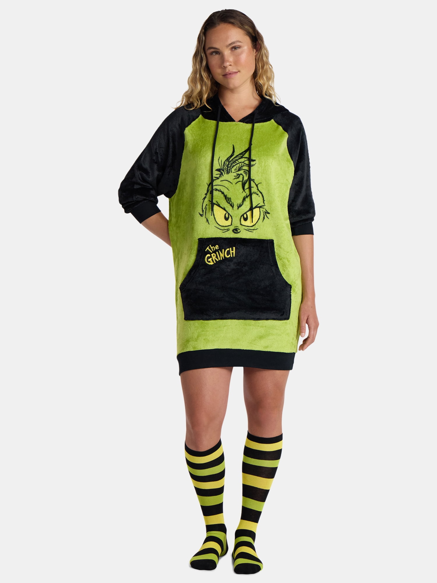 Dr. Seuss Women's The Grinch Sleep Hoodie Lounger with Socks, 2-Piece, Sizes XS-3X