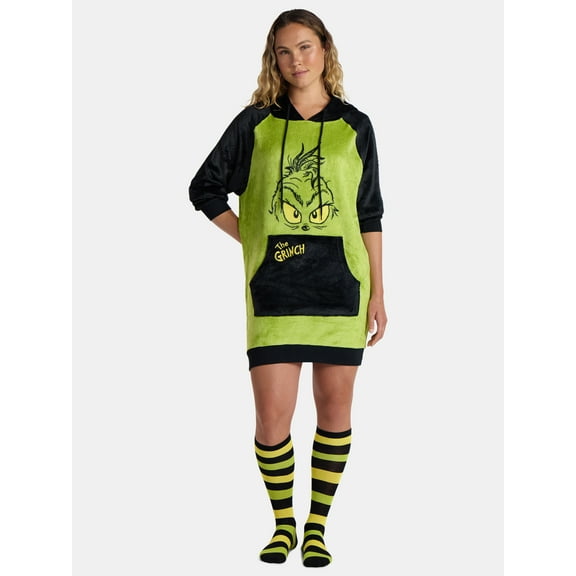 Dr. Seuss Women's The Grinch Sleep Hoodie Lounger with Socks, 2-Piece, Sizes XS-3X