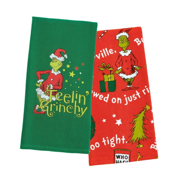 Dr Seuss's How The GRINCH Stole Christmas Feeling Grinchy 2-Pk Festive Holiday Kitchen Towel Gift Set For Baking Cooking