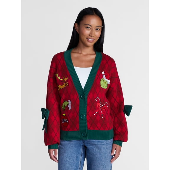 Dr. Seuss's The Grinch Women's and Women's Plus Christmas Bow Cardigan, Sizes XXS-4X