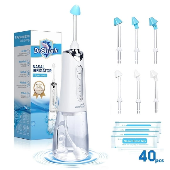 Dr.Shark Electric Nasal Rinse Nose Cleaner, 300ml IPX7 Waterproof Nasal Irrigation System, 5 Pressure Nasal Irrigation Modes, 6 Nozzles & 40 Salt Packets, 1PC