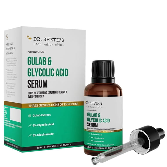 Dr. Sheth's Gulab & 6% Glycolic Acid & 5% Niacinamide Face Serum | Improves Skin Texture & Uneven Skin | Normal to Oily Skin | Sensitive Skin | 30ml