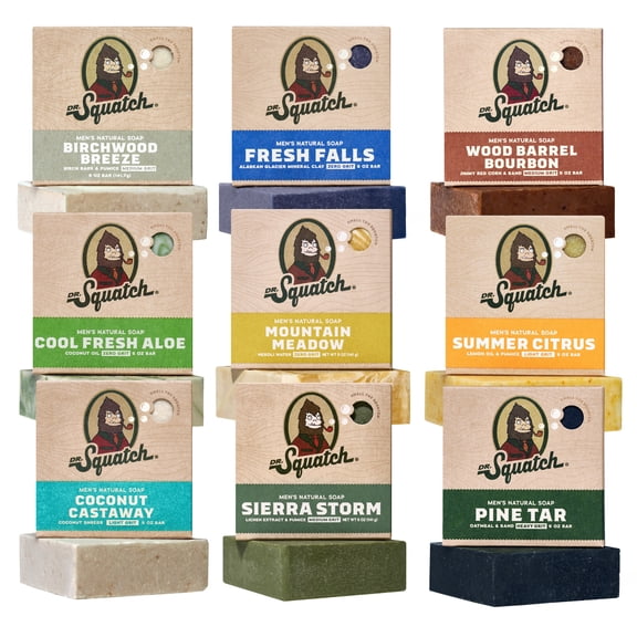 Dr. Squatch Mens Bar Soap, Natural Bar Soap for Men, Fresh Falls, Birchwood Breeze, Pine Tar & More, 45 oz, 9 Pack, Mixed
