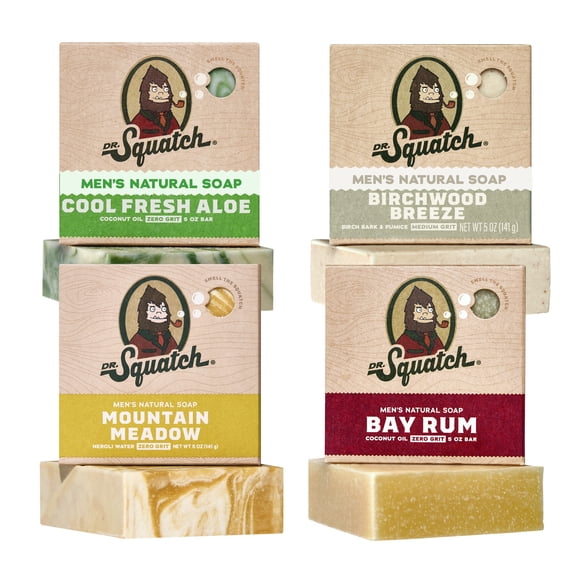 Dr. Squatch Mens Bar Soap Set, Natural Bar Soap for Men, Cool Fresh Aloe + Birchwood Breeze + Bay Rum + Mountain Meadow, 20 oz, 4 Pack, Mixed