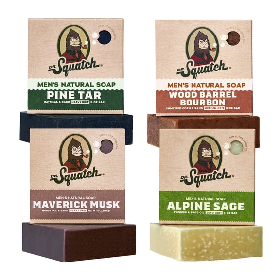Dr. Squatch Mens Bar Soap Set, Natural Bar Soap for Men, Wood Barrel Bourbon + Pine Tar + Maverick Musk + Alpine Sage, 20 oz, 4 Pack, Mixed