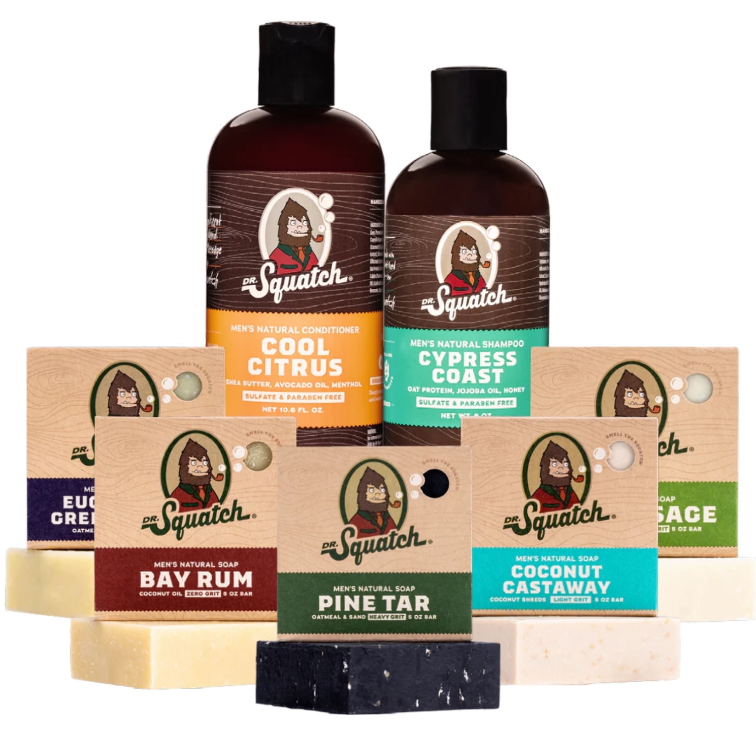 Dr. Squatch Expanded Pack - Men's Natural Shampoo and Conditioner and 5 Bars of Natural Men's Bar Soap - 7 Pieces