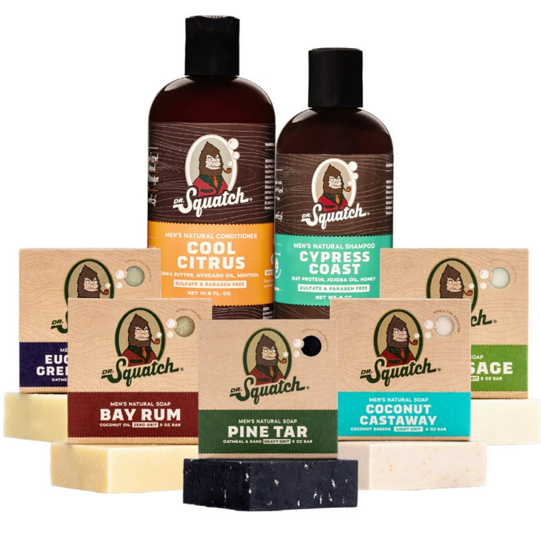 Dr. Squatch Expanded Pack - Men's Natural Shampoo and Conditioner and 5  Bars of Natural Men's Bar Soap - Pine Tar, Bay Rum, Coconut Castaway 