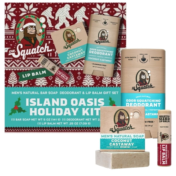 Dr. Squatch Holiday Gifts for Men Natural Bar Soap, Aluminum Free Deodorant & Lip Balm Coconut Castaway + Wild Watermelon (3-Pack)