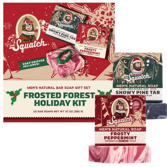 Dr. Squatch Holiday Bar Soap Gifts for Men Cold Process Body Soap Bar with Natural Oils Snowy Pine Tar & Frosty Peppermint (2-Pack)