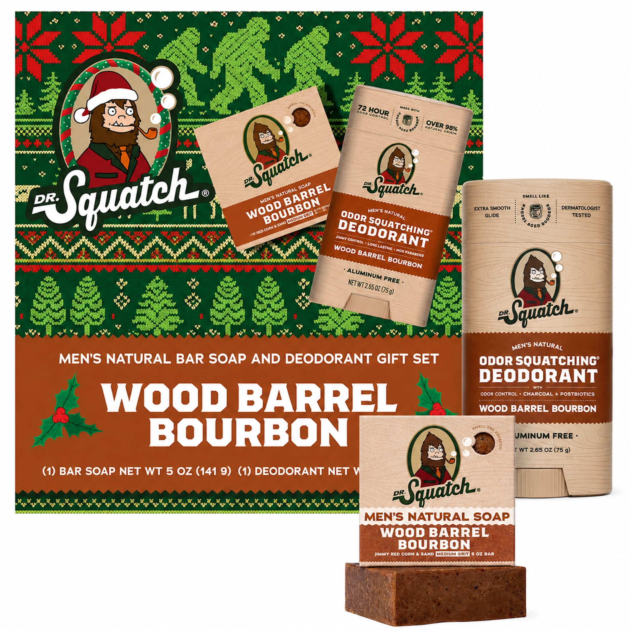 Dr. Squatch Wood Barrel Bourbon Holiday Gifts for Men – Natural Bar Soap + Aluminum Free Deodorant (2-Pack)