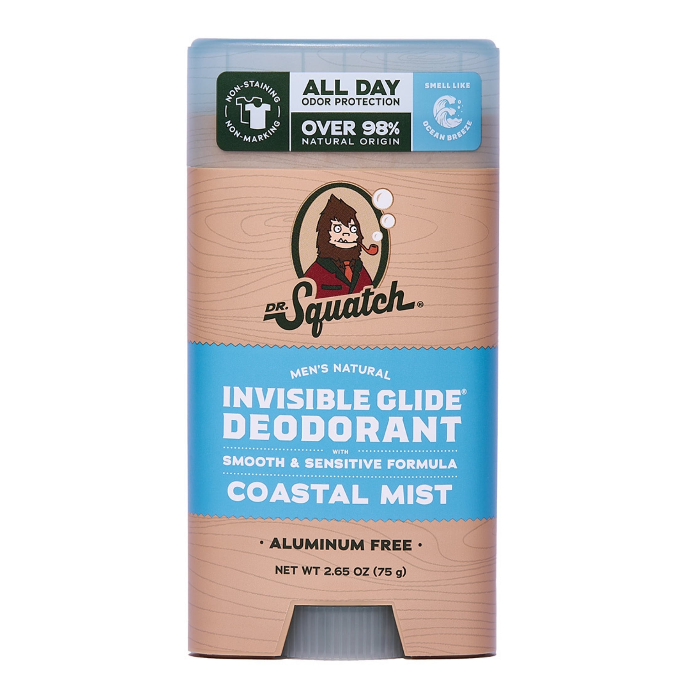 Dr. Squatch Mens Invisible Glide Deodorant Stick, Natural Aluminum Free Deodorant for Men, Coastal Mist, 2.65 Oz