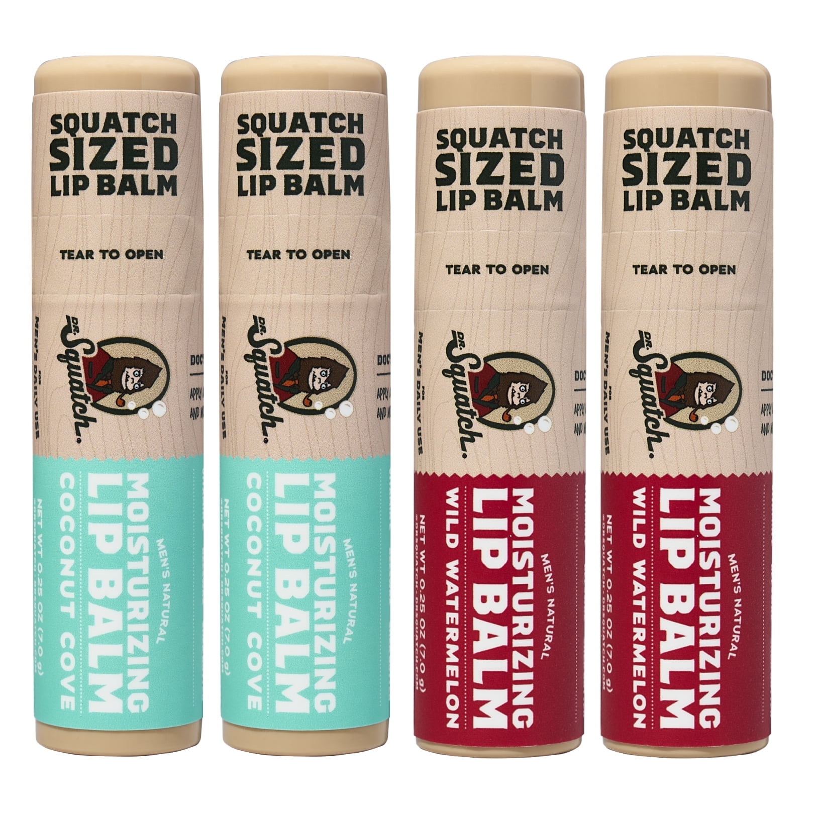 Dr. Squatch Lip Balm - Shea Butter, Vitamin E - Coconut Cove & Wild Watermelon (0.25 oz, 4 Pack)