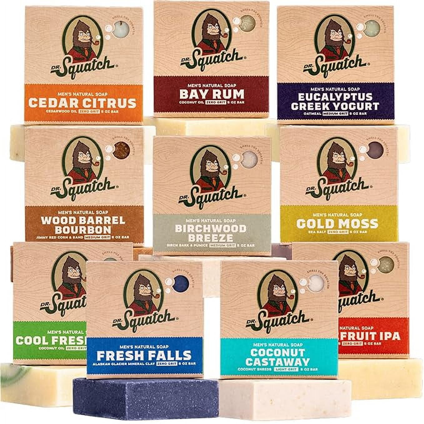 Dr. Squatch Men's Bar Soap Gift Set (10 Bars) Men's Natural Bar Soap - Birchwood Breeze, Fresh Falls, Wood Barrel Bourbon, Coconut Castaway, Cedar Citrus, Bay Rum Soap, and more