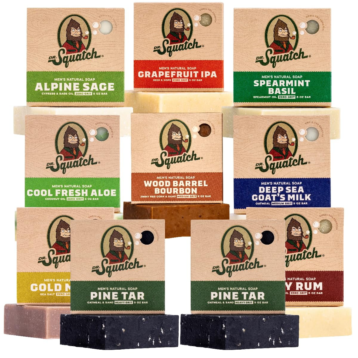 Dr. Squatch Men's Bar Soap Gift Set (10 Bars) Men's Natural Bar Soap - Two Pine Tar Bar Soaps, plus great scents like Bay Rum, Cool Fresh Aloe, Wood Barrel Bourbon, and more
