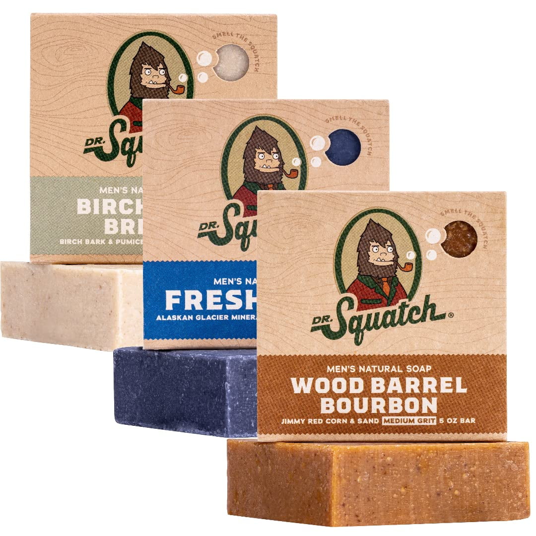 Dr. Squatch Men's Natural DPF11Bar Soap Made from Natural Oils - Cold Process Soap with No Harsh Chemicals - Wood Barrel Bourbon, Fresh Falls, Birchwood Breeze (3 Pack)