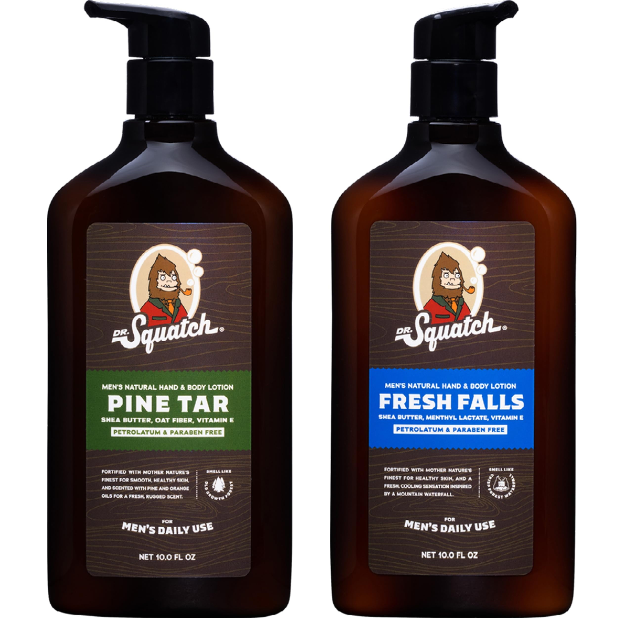 Dr. Squatch Men's Natural Lotion Non-Greasy Men's Lotion - 24-hour moisturization hand and body lotion - Made with Shea Butter, Coconut Oil, and Vitamin E - Pine Tar and Fresh Falls (2 Pack) MS