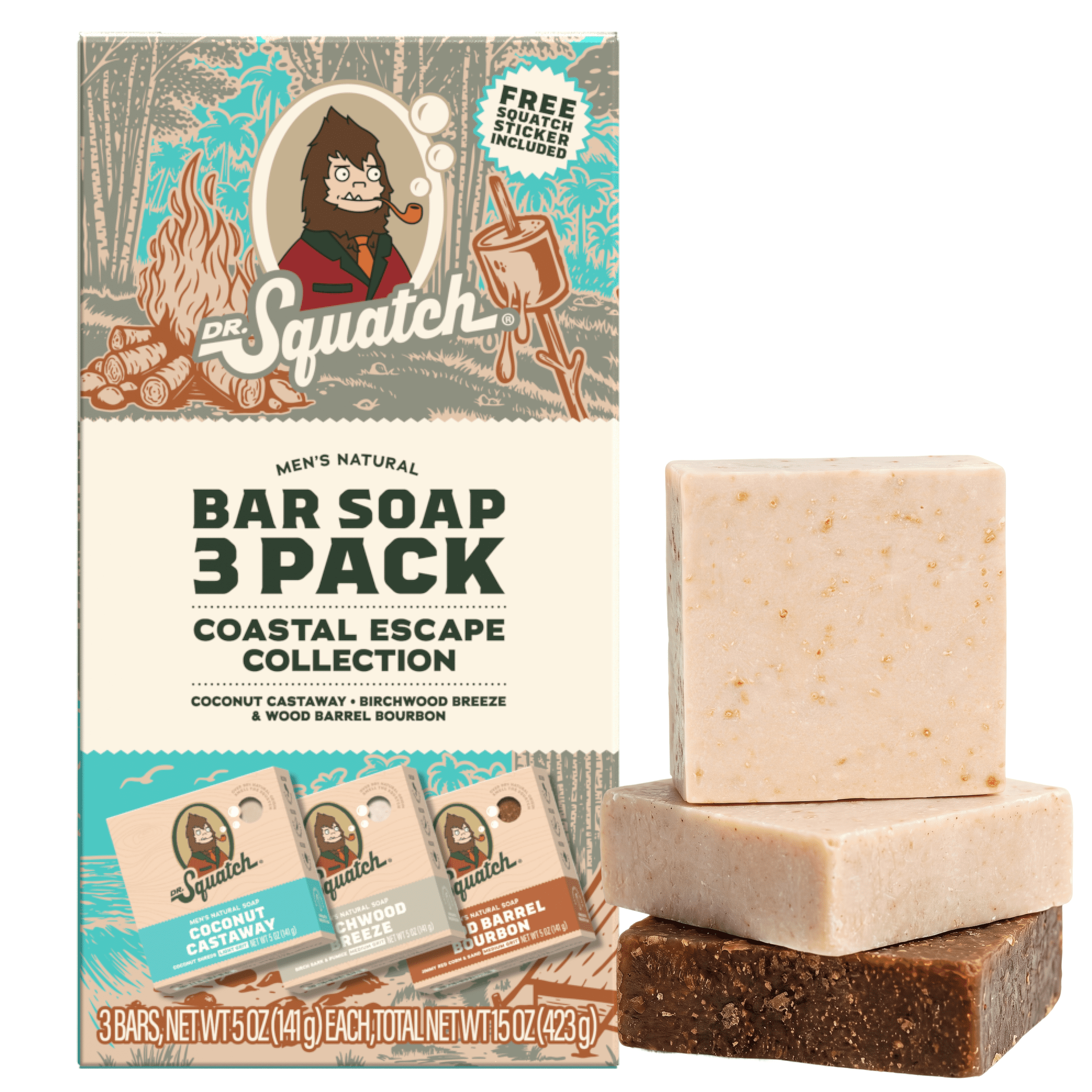 Dr. Squatch  Men's Soap, Natural Bar Soap for Men, Cold Process, Gifts for Men, Coconut Castaway, Wood Barrel Bourbon, Birchwood Breeze, 5 oz, 3-Pack