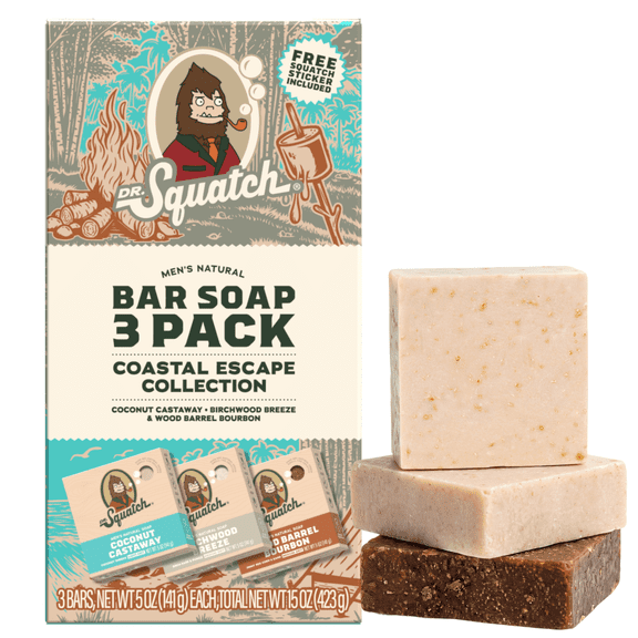 Dr. Squatch Men's Soap, Natural Bar Soap for Men, Cold Process, Gifts for Men, Coconut Castaway, Wood Barrel Bourbon, Birchwood Breeze, 5 oz, 3-Pack