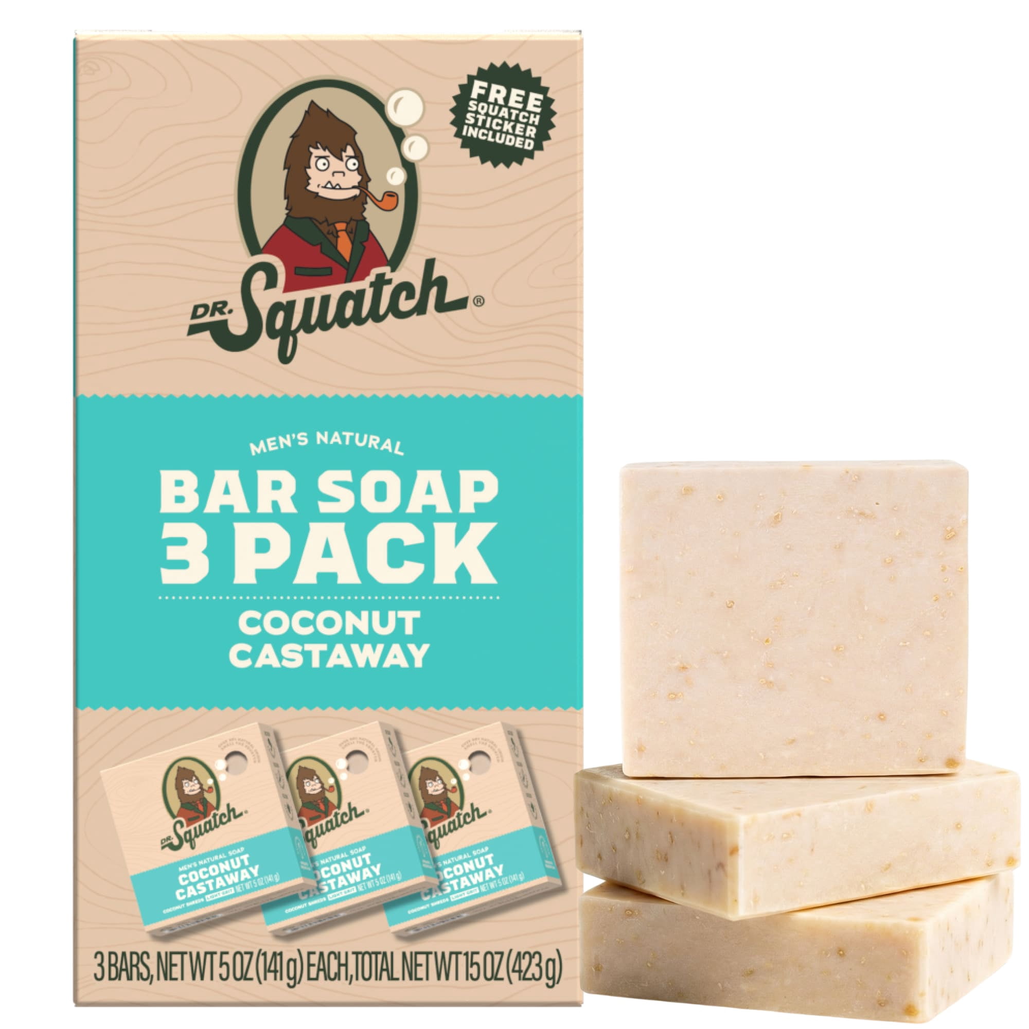Dr. Squatch Men's Soap, Natural Bar Soap for Men, Cold Process, Gifts for Men, Coconut Castaway, 5 oz, 3-Pack