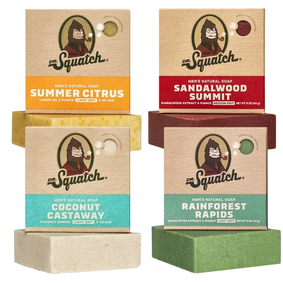 Dr. Squatch Bar Soap for Men - Cold Process, No Harsh Chemicals - Summer Citrus, Coconut Castaway, Sandalwood Summit, Rainforest Rapids (5 oz, 4-Pack)