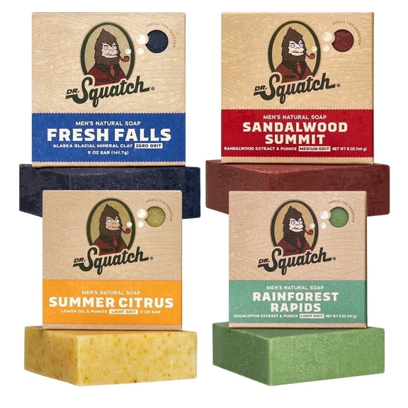 Dr. Squatch Natural Bar Soap for Men - Cold Process Soap with No Harsh Chemicals - Summer Citrus, Fresh Falls, Sandalwood Summit & Rainforest Rapids (5 oz, 4-Pack)