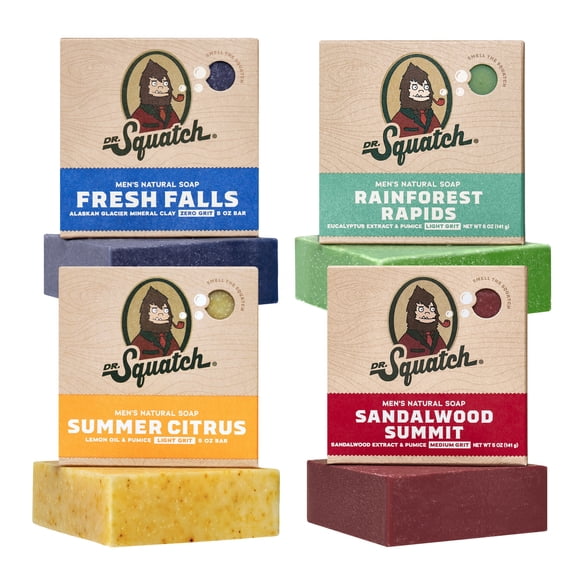 Dr. Squatch Natural Bar Soap for Men - Cold Process Soap with No Harsh Chemicals - Summer Citrus, Fresh Falls, Sandalwood Summit & Rainforest Rapids (5 oz, 4-Pack)