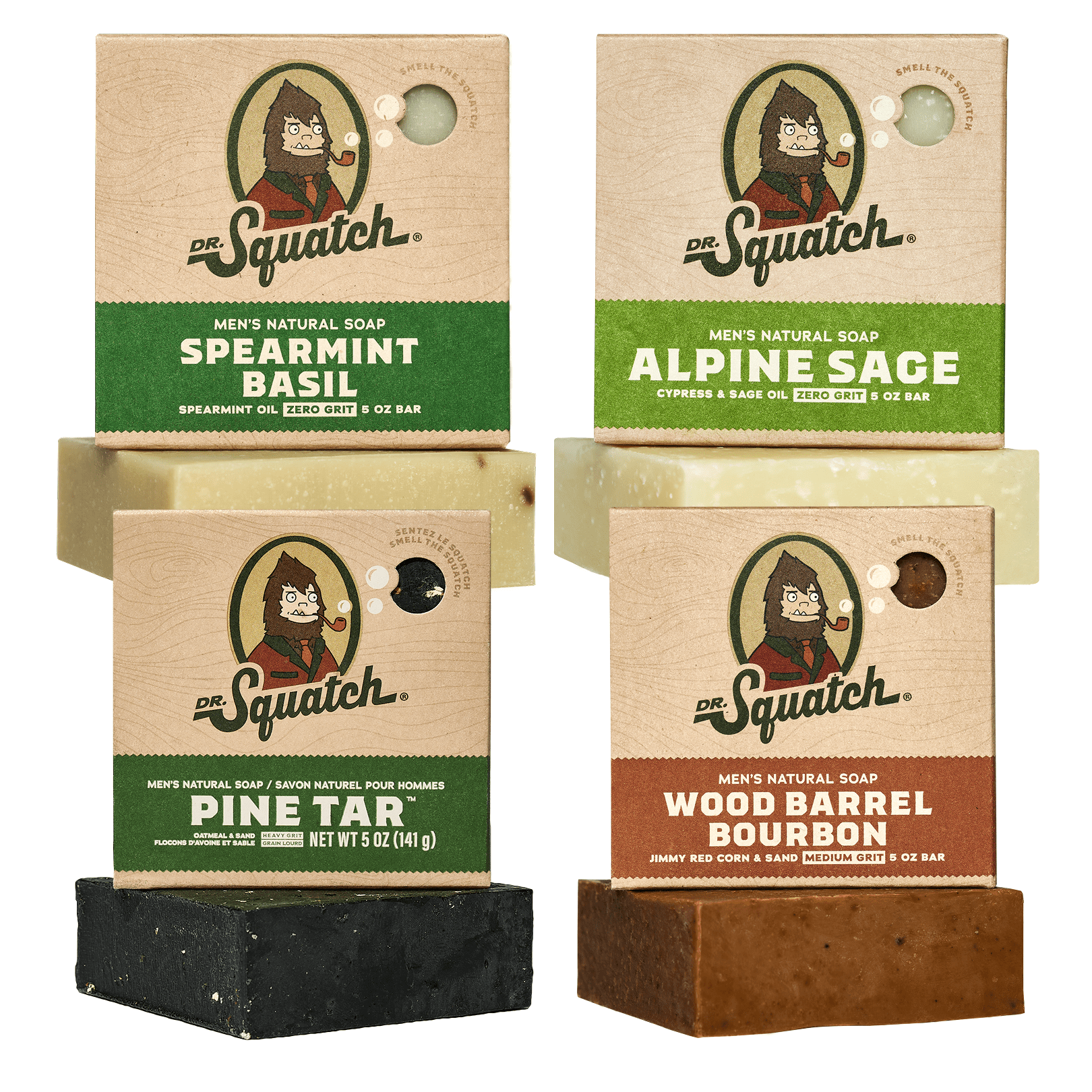 Dr. Squatch Natural Bar Soap for Men - Cold Process Soap with No Harsh Chemicals - Wood Barrel Bourbon, Pine Tar, Spearmint Basil & Alpine Sage (5 oz, 4-Pack)