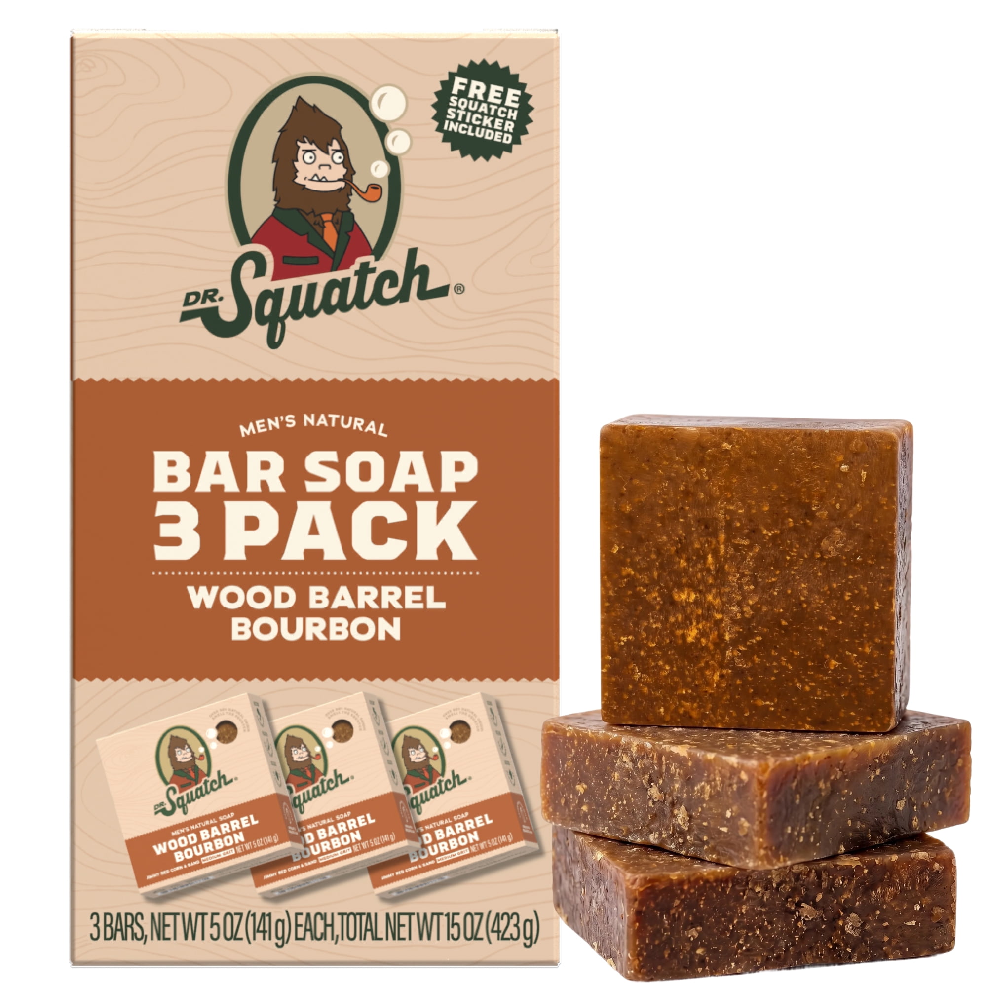 Dr. Squatch Men's Soap, Natural Bar Soap for Men, Cold Process, Gifts for Men, Wood Barrel Bourbon, 5 oz, 3-Pack
