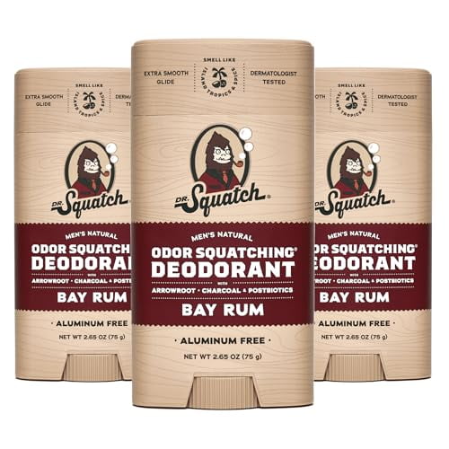 Dr. Squatch Natural Deodorant for Men 3 Pack Bay Rum Odor-Squatching Men's Deodorant Aluminum Free (2.65 oz, 3 Pack)