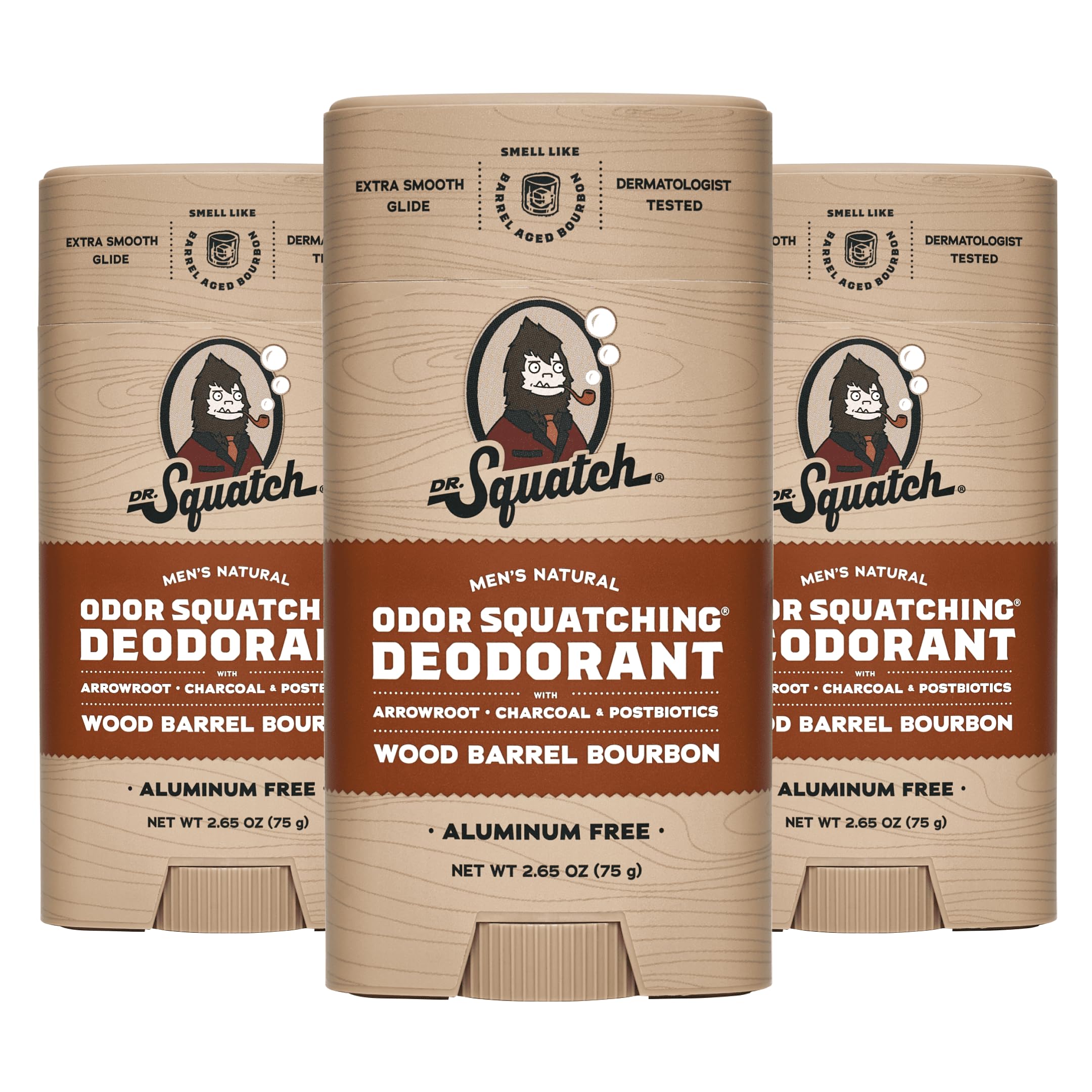 Dr. Squatch Natural Deodorant for Men 3 Pack Wood Barrel Bourbon Odor-Squatching Men's Deodorant Aluminum Free (2.65 oz, 3 Pack)